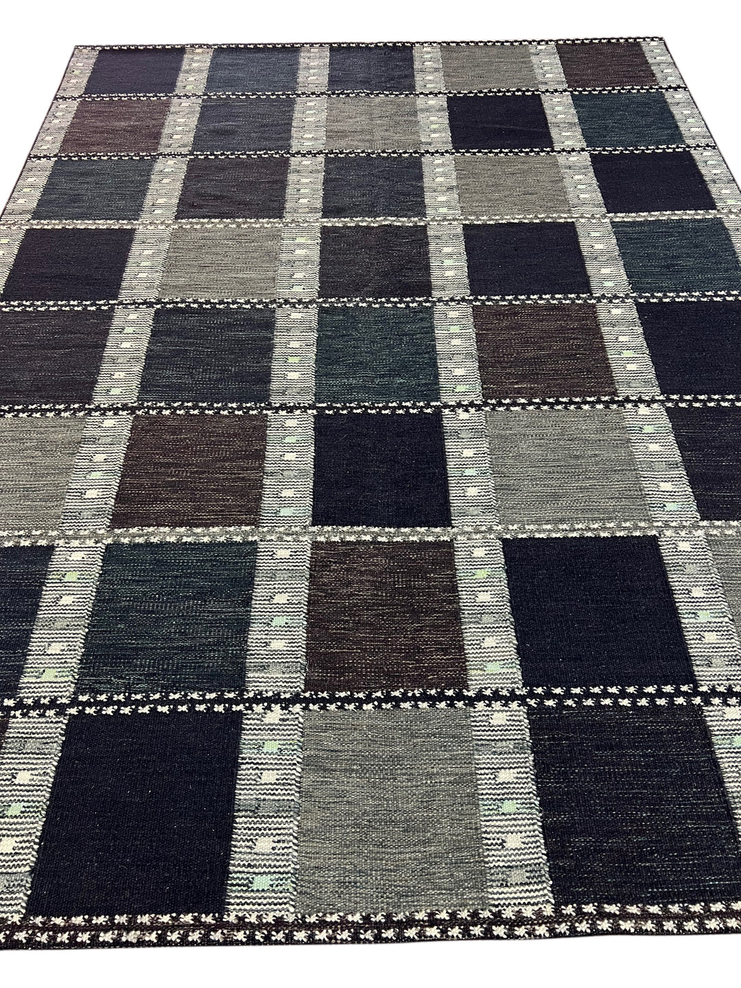Charcoal &amp; Deep Teal Geometric Flatweave Rug – 9’2” x 12’0”