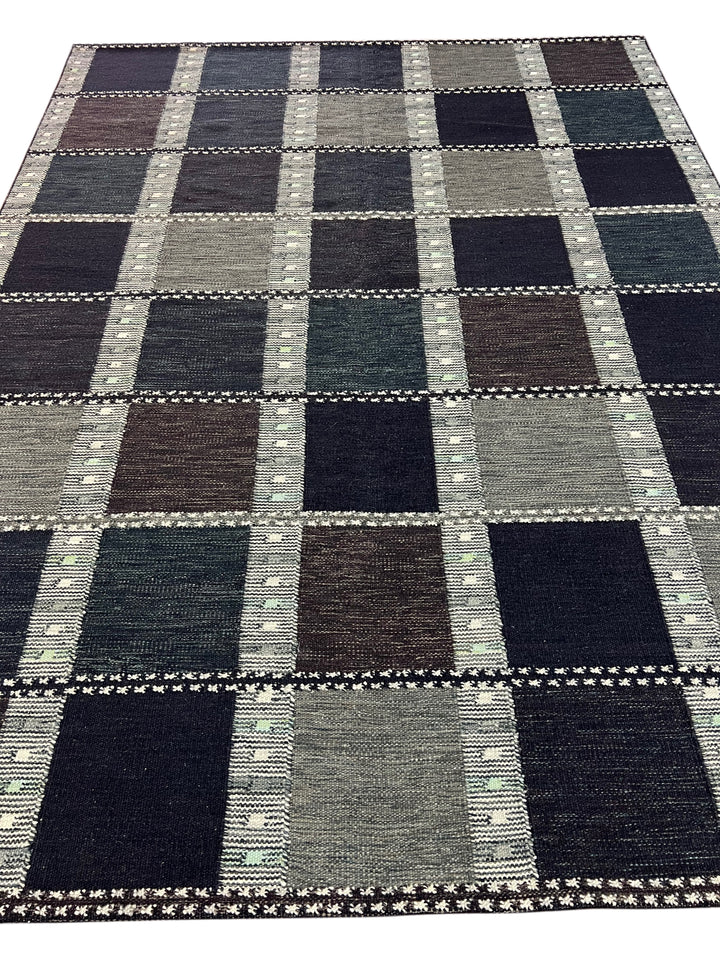Charcoal &amp; Deep Teal Geometric Flatweave Rug – 9’2” x 12’0”