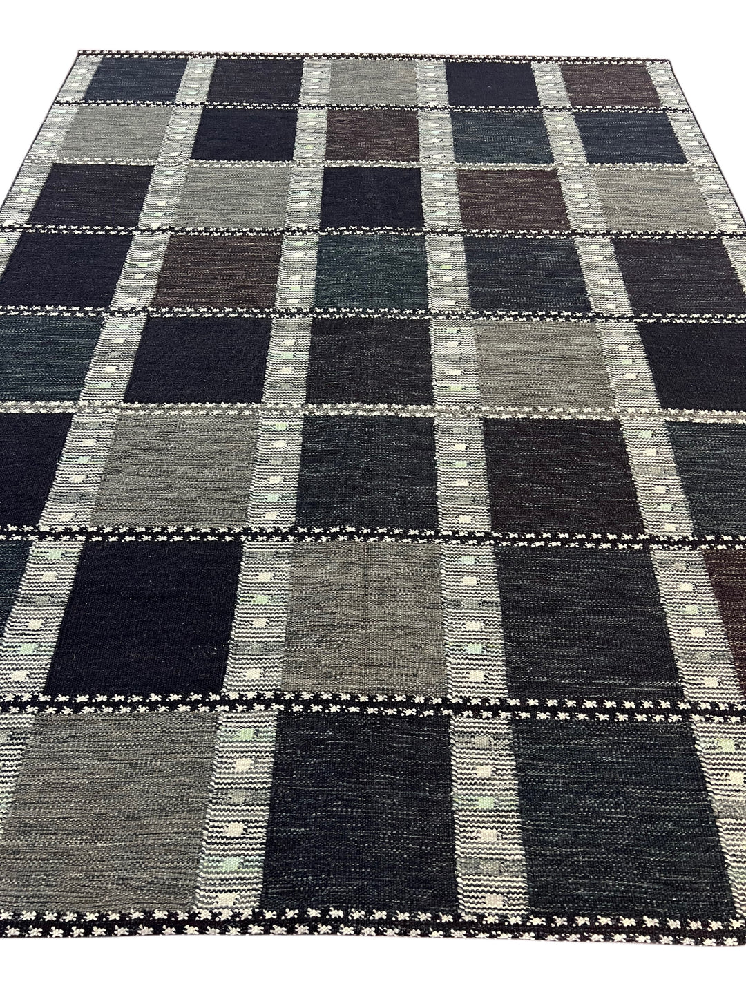 Charcoal &amp; Deep Teal Geometric Flatweave Rug – 9’2” x 12’0”