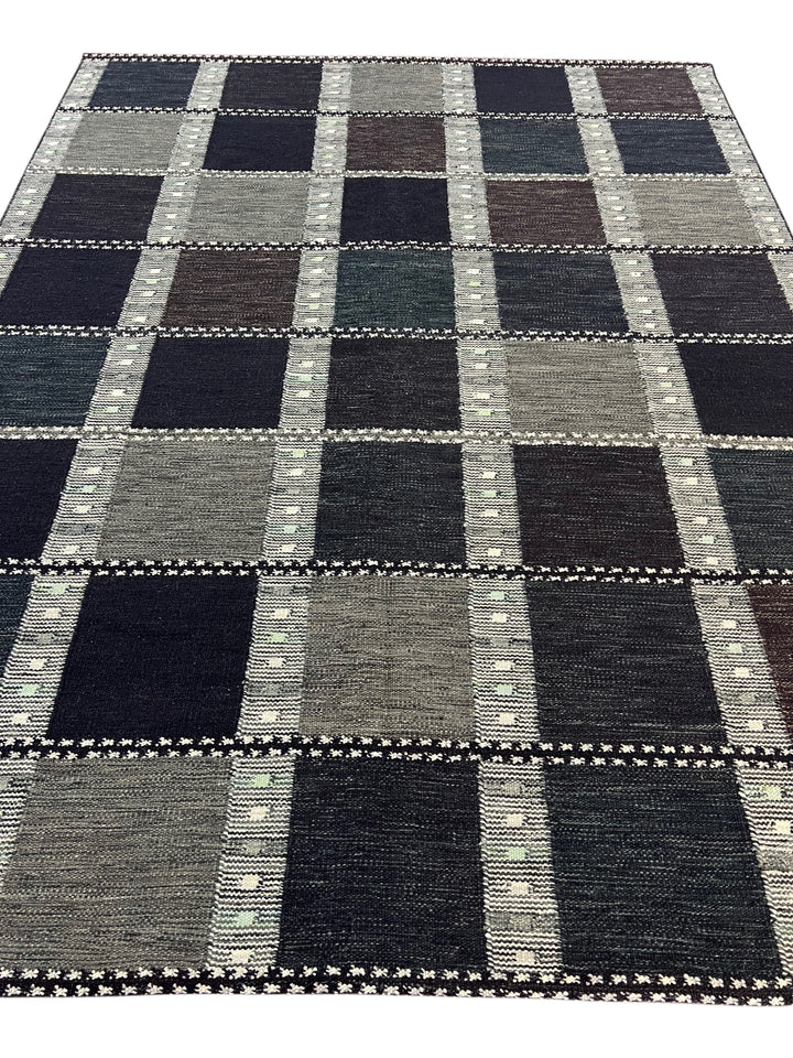 Charcoal &amp; Deep Teal Geometric Flatweave Rug – 9’2” x 12’0”