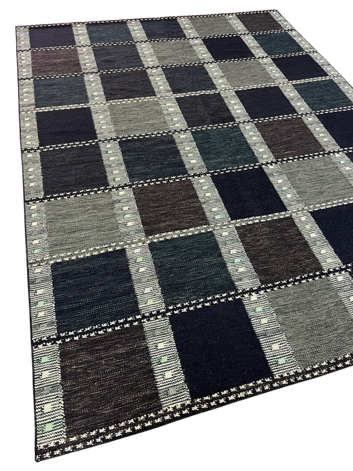 Charcoal &amp; Deep Teal Geometric Flatweave Rug – 9’2” x 12’0”