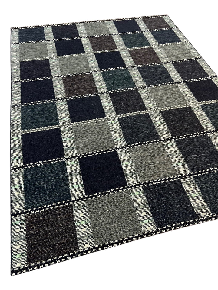 Charcoal &amp; Deep Teal Geometric Flatweave Rug – 9’2” x 12’0”