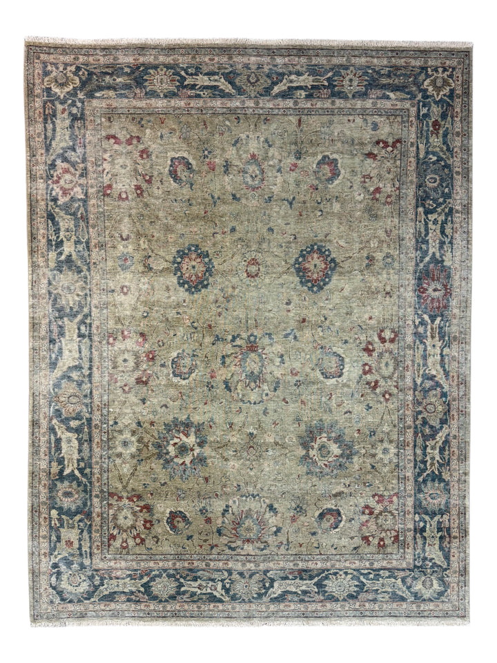 Soft Sage &amp; Deep Blue Antique-Look Floral Rug – 8’11” x 11’9”