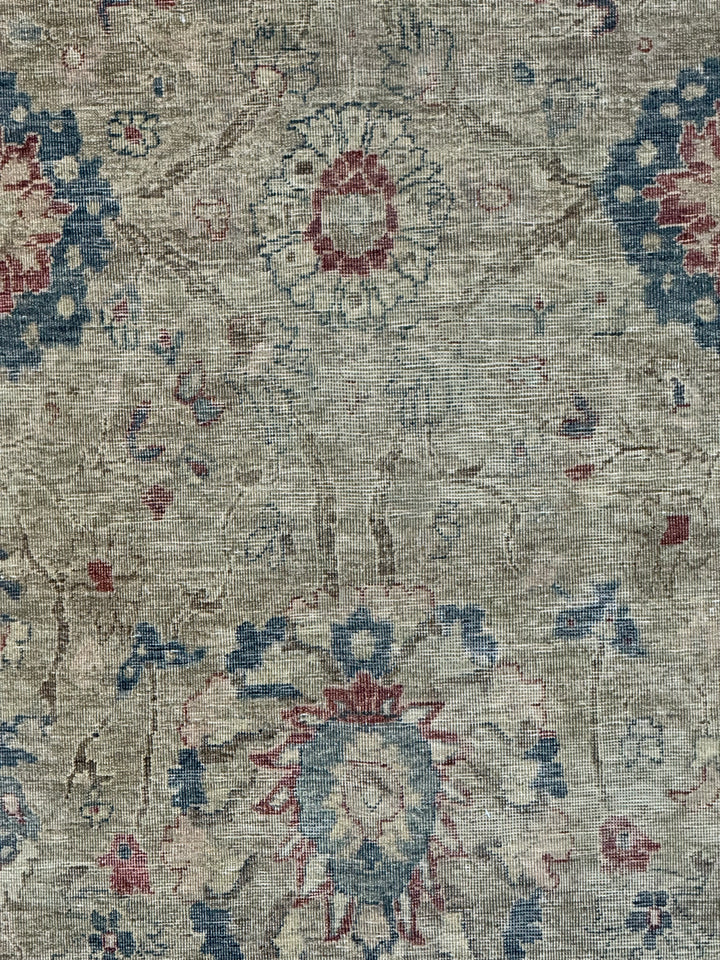 Soft Sage &amp; Deep Blue Antique-Look Floral Rug – 8’11” x 11’9”