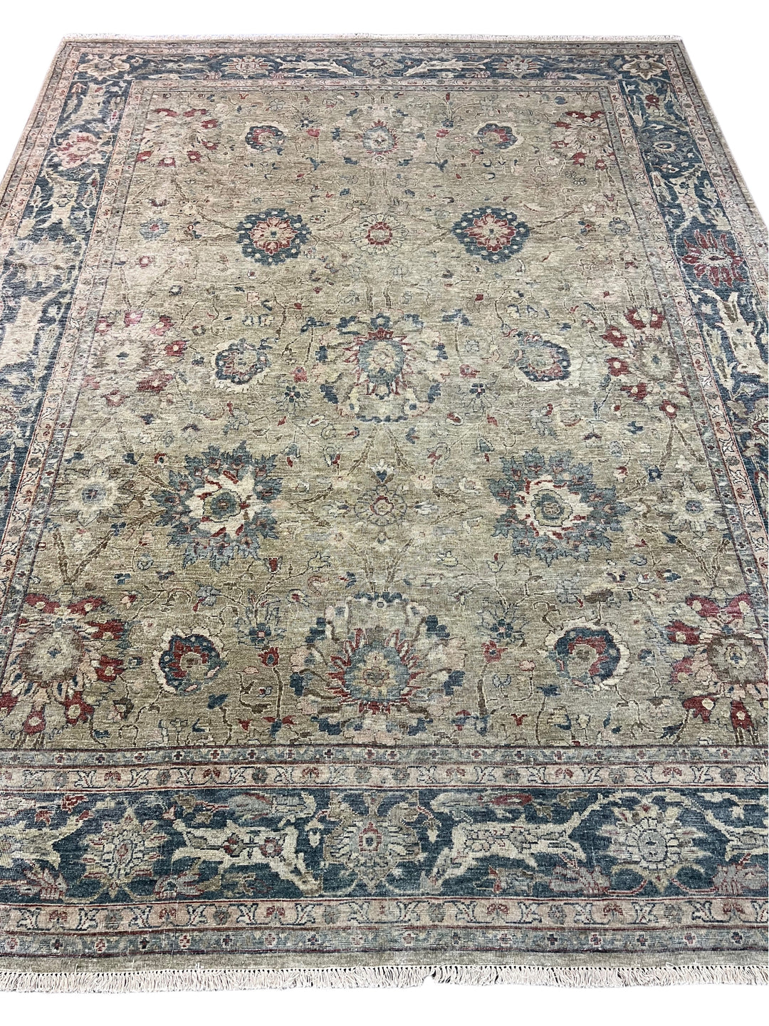 Soft Sage &amp; Deep Blue Antique-Look Floral Rug – 8’11” x 11’9”