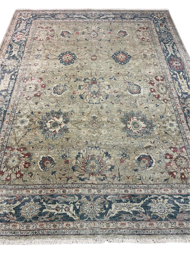 Soft Sage &amp; Deep Blue Antique-Look Floral Rug – 8’11” x 11’9”