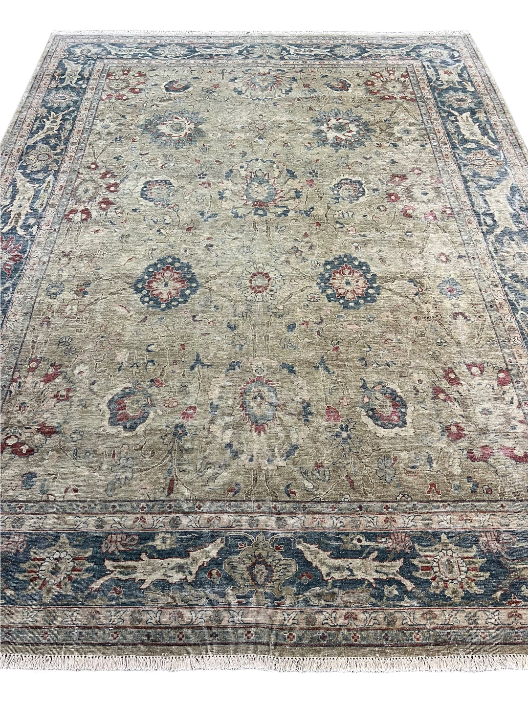 Soft Sage &amp; Deep Blue Antique-Look Floral Rug – 8’11” x 11’9”