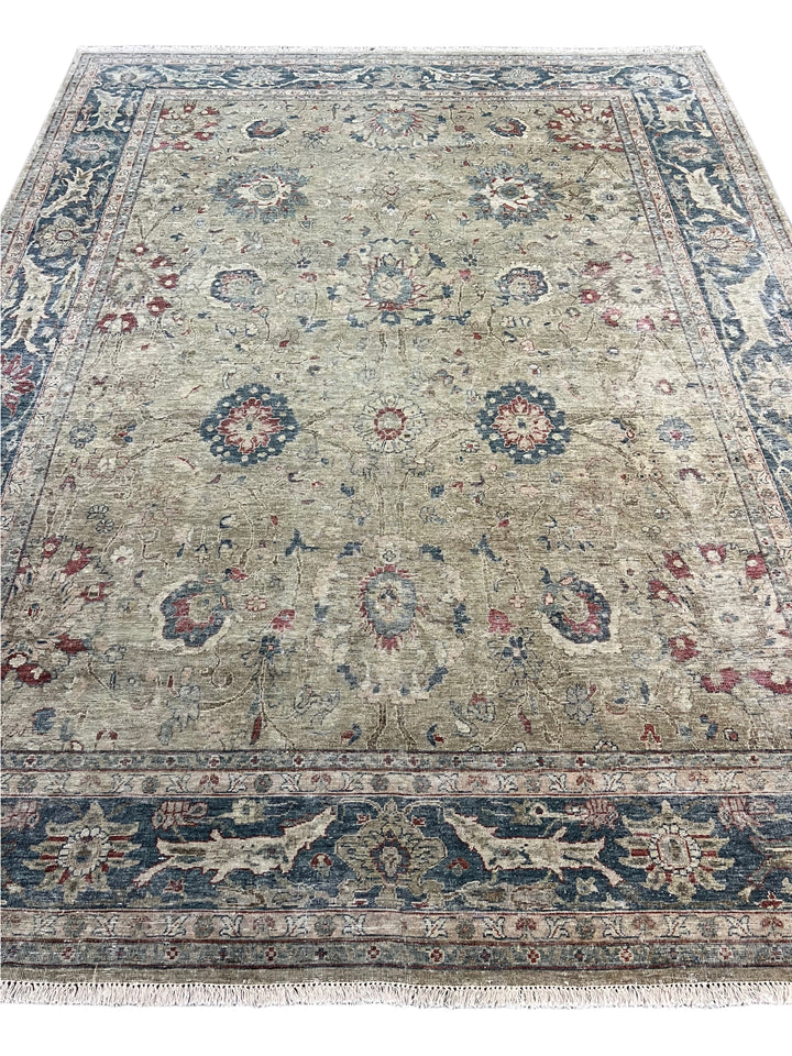 Soft Sage &amp; Deep Blue Antique-Look Floral Rug – 8’11” x 11’9”