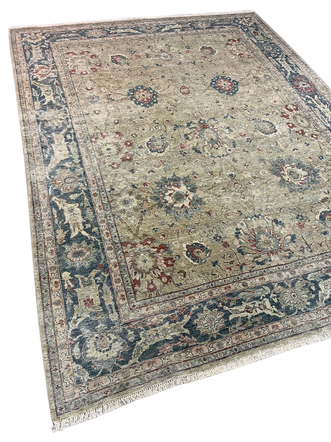 Soft Sage &amp; Deep Blue Antique-Look Floral Rug – 8’11” x 11’9”