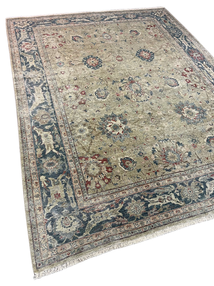 Soft Sage &amp; Deep Blue Antique-Look Floral Rug – 8’11” x 11’9”