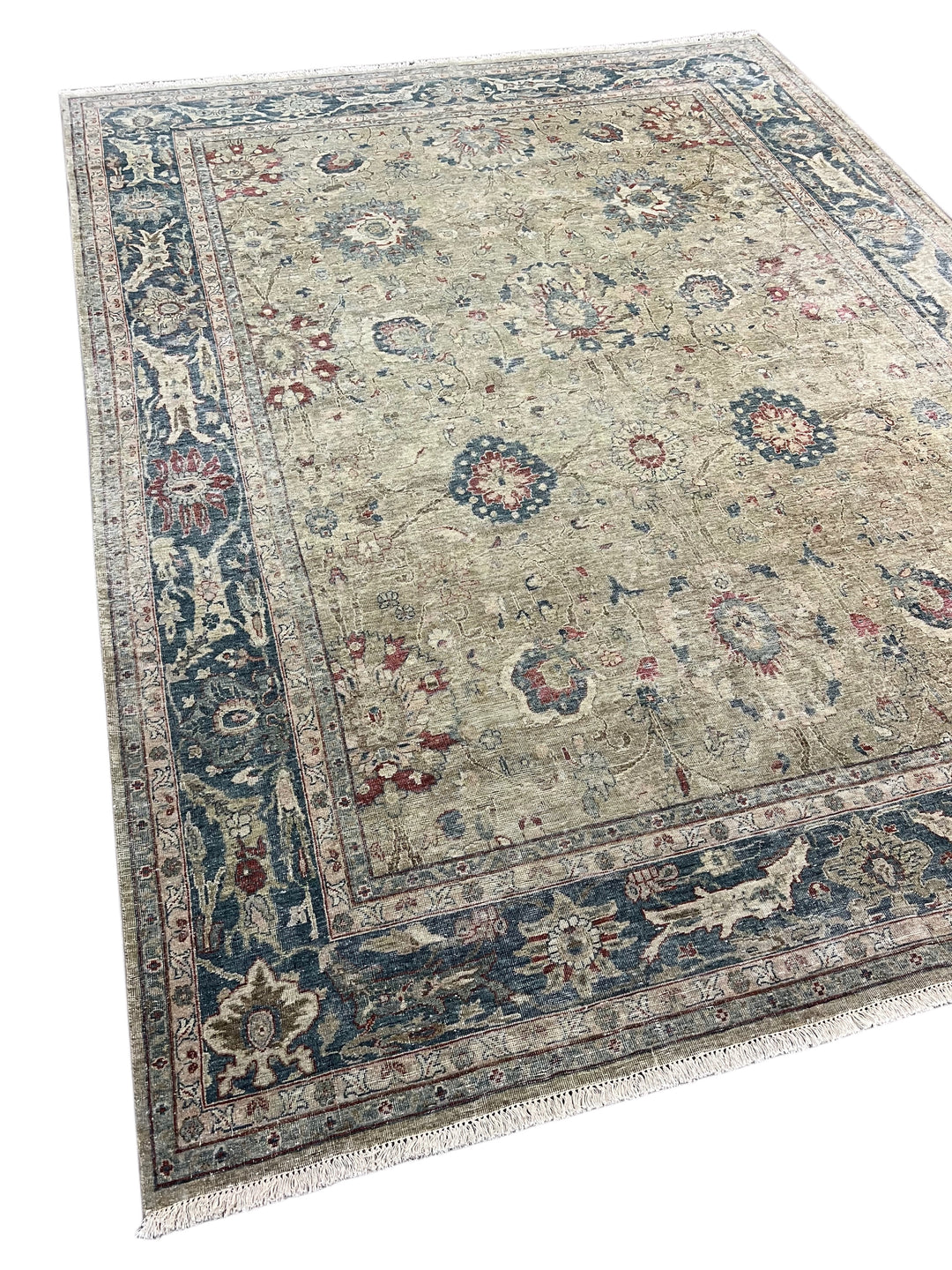 Soft Sage &amp; Deep Blue Antique-Look Floral Rug – 8’11” x 11’9”