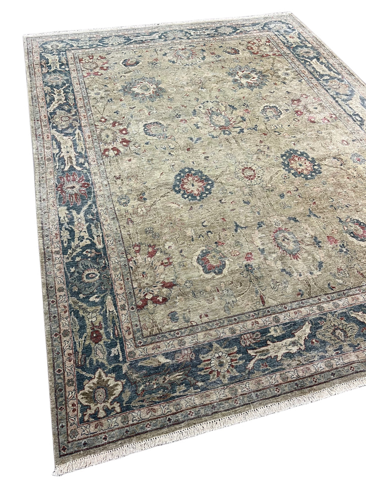 Soft Sage &amp; Deep Blue Antique-Look Floral Rug – 8’11” x 11’9”