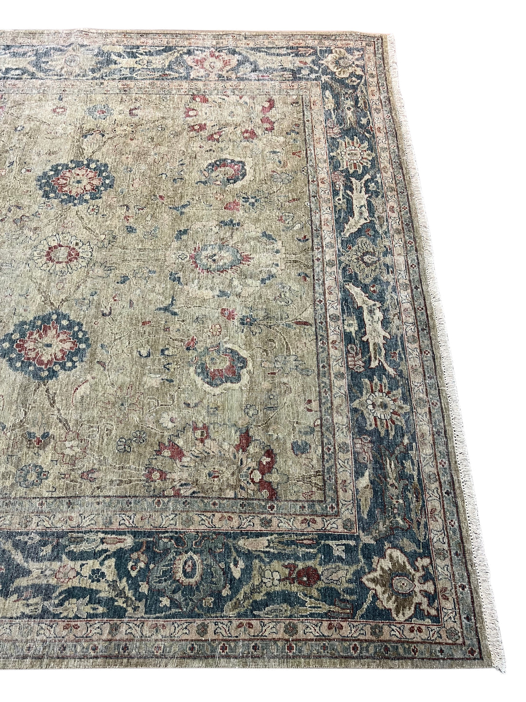 Soft Sage &amp; Deep Blue Antique-Look Floral Rug – 8’11” x 11’9”