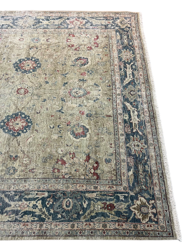 Soft Sage &amp; Deep Blue Antique-Look Floral Rug – 8’11” x 11’9”