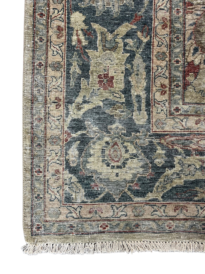 Soft Sage &amp; Deep Blue Antique-Look Floral Rug – 8’11” x 11’9”