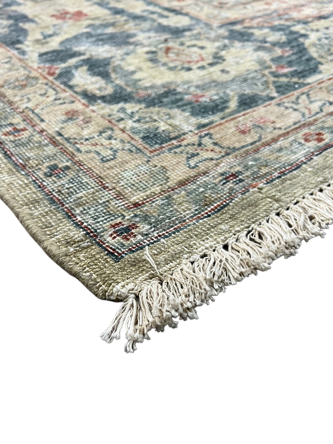 Soft Sage &amp; Deep Blue Antique-Look Floral Rug – 8’11” x 11’9”