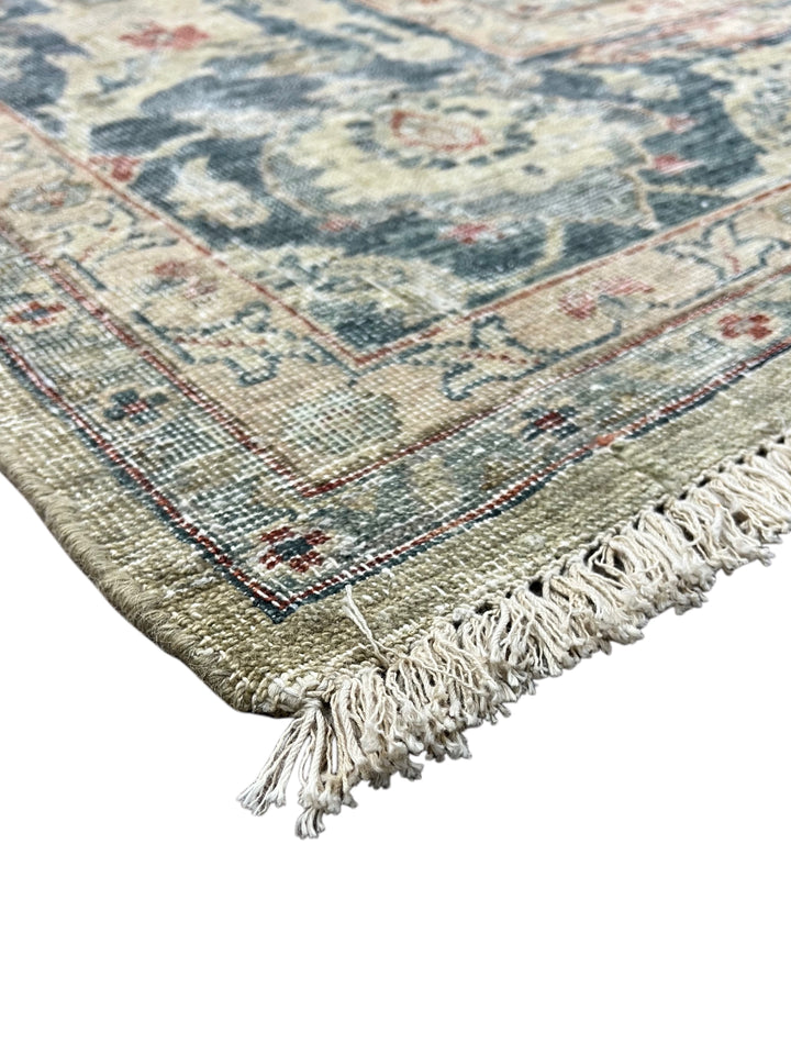 Soft Sage &amp; Deep Blue Antique-Look Floral Rug – 8’11” x 11’9”