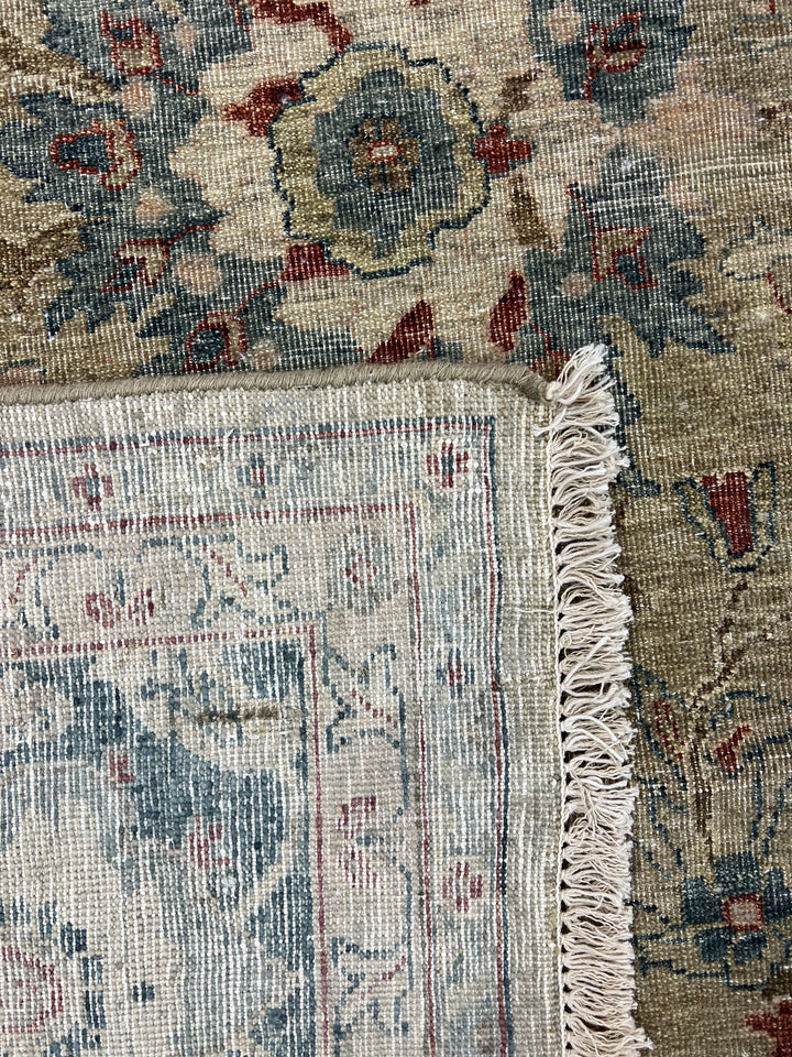Soft Sage &amp; Deep Blue Antique-Look Floral Rug – 8’11” x 11’9”