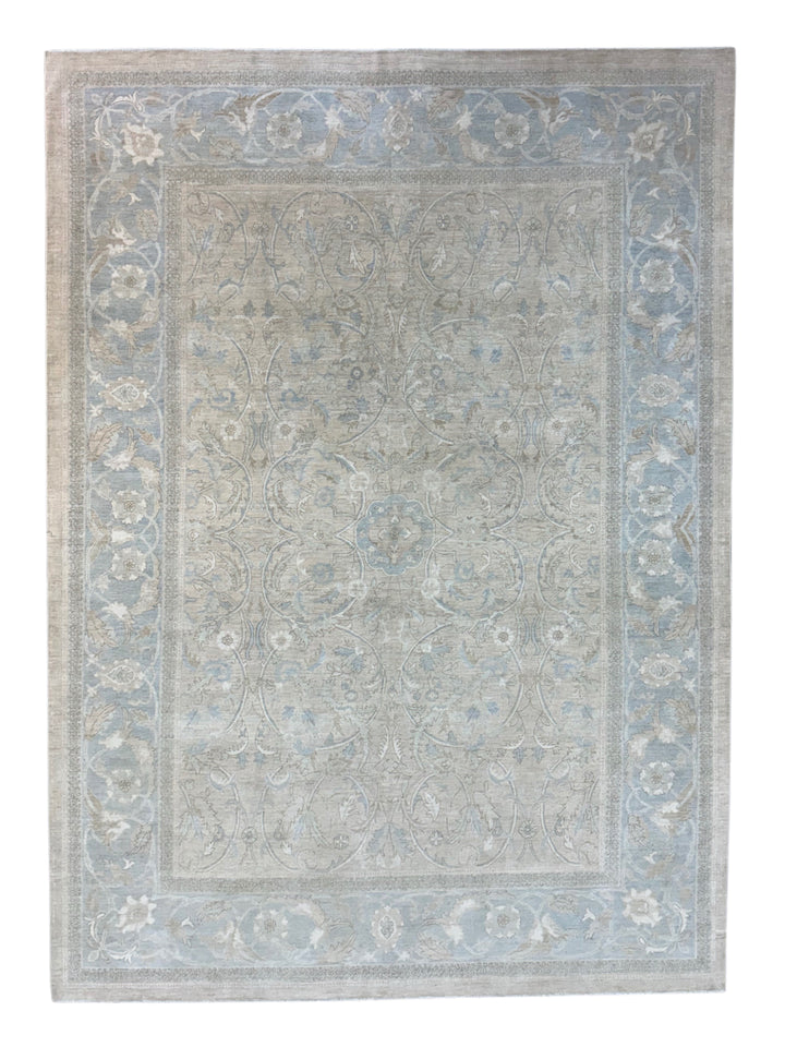 Soft Blue &amp; Taupe Fine-Weave Floral Rug – 8’9” x 12’2”