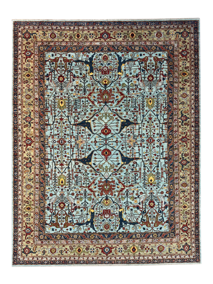 Light Blue, Olive Green &amp; Burgundy Floral Rug – 9’2” x 11’11”