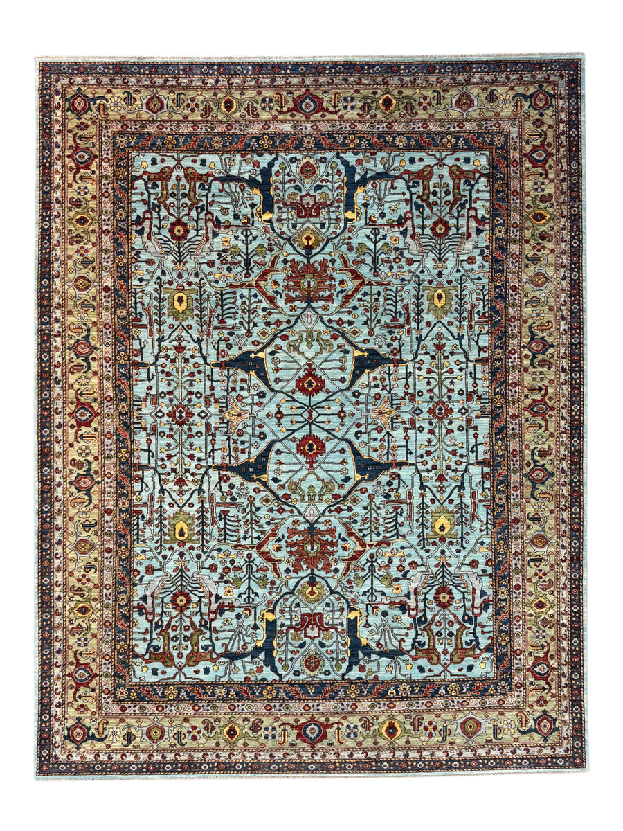 Light Blue, Olive Green & Burgundy Floral Rug – 9’2” x 11’11”
