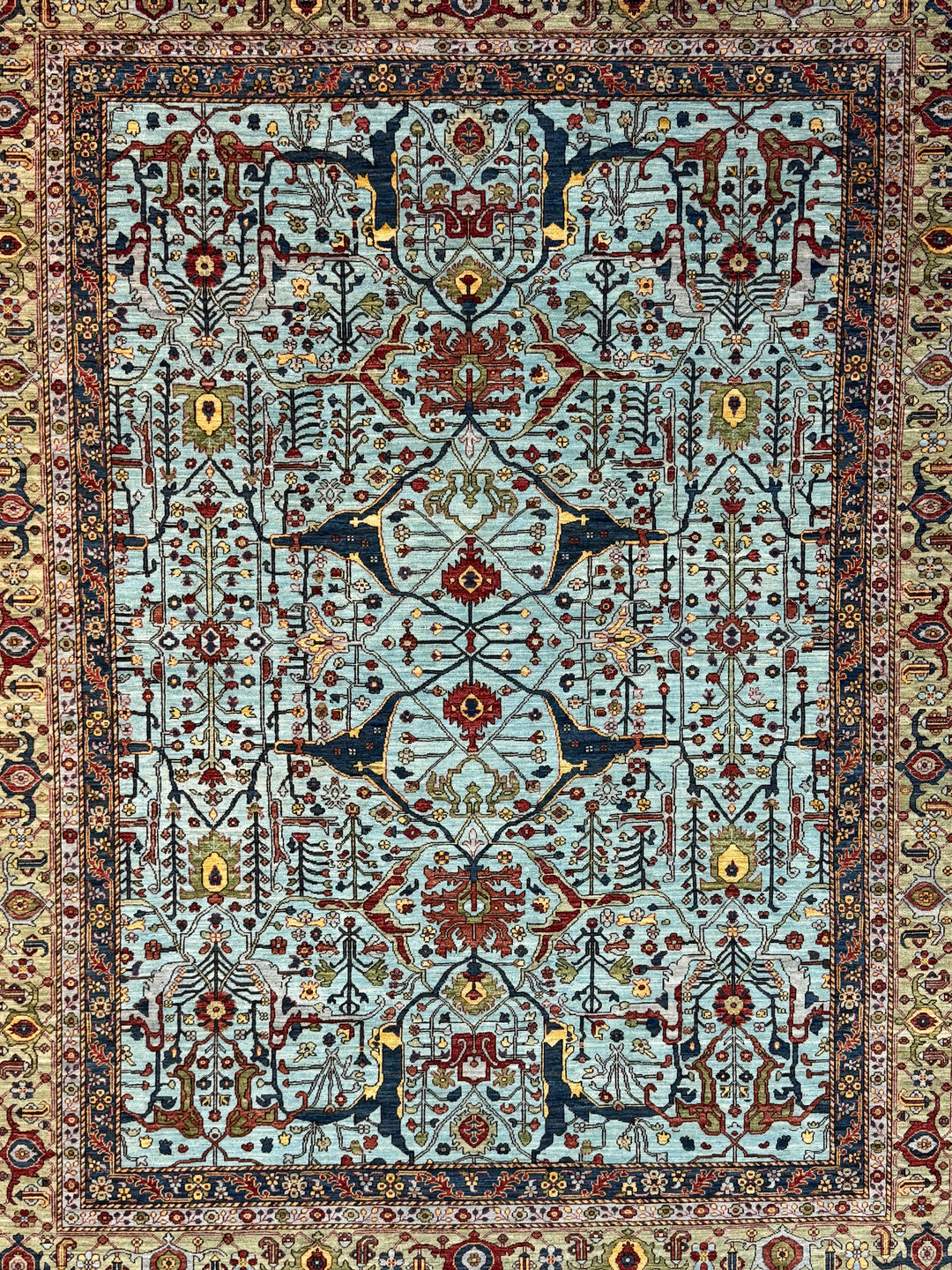 Light Blue, Olive Green &amp; Burgundy Floral Rug – 9’2” x 11’11”