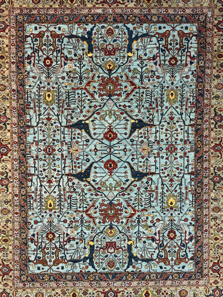 Light Blue, Olive Green &amp; Burgundy Floral Rug – 9’2” x 11’11”