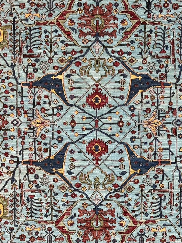 Light Blue, Olive Green &amp; Burgundy Floral Rug – 9’2” x 11’11”