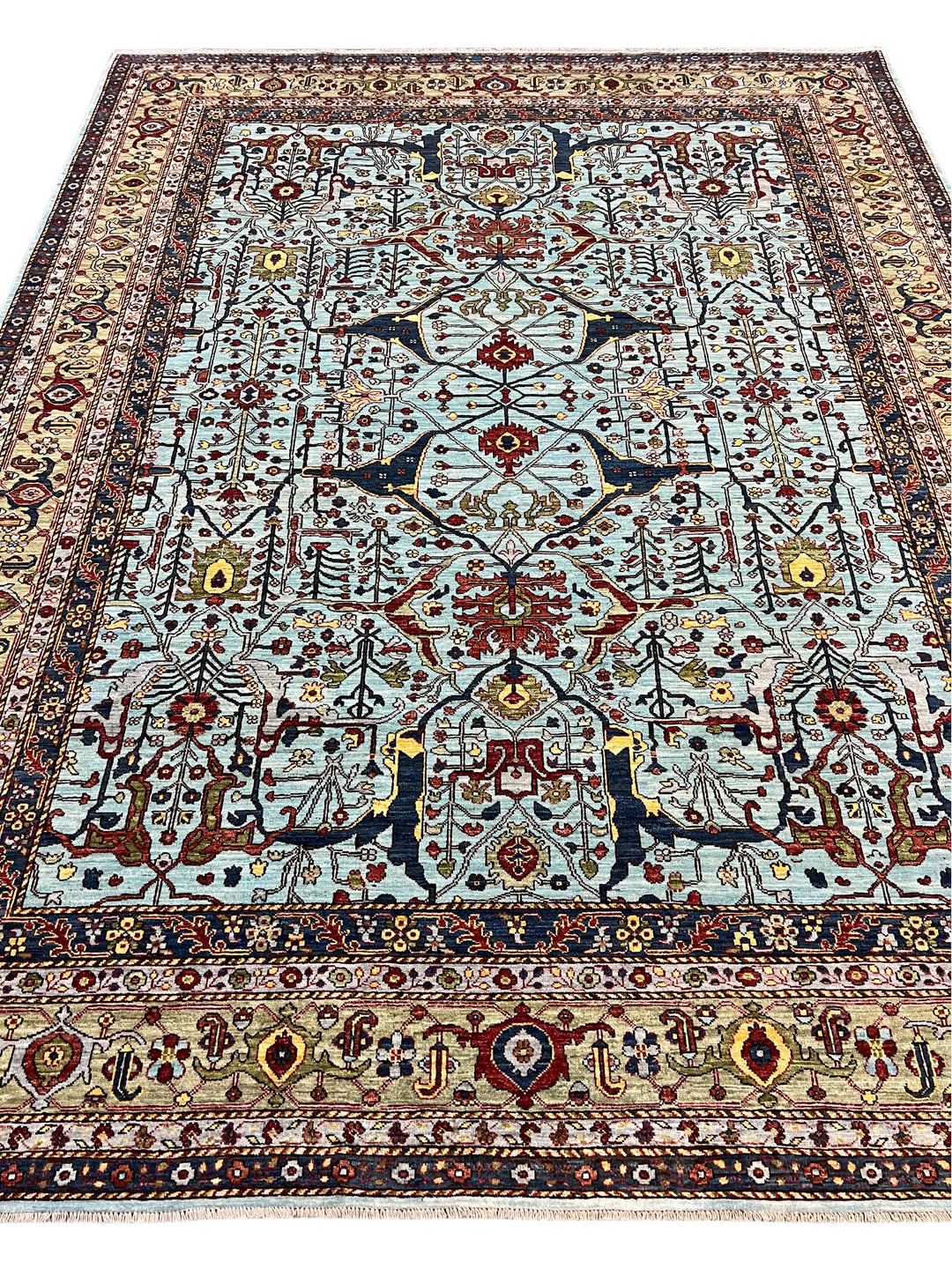 Light Blue, Olive Green &amp; Burgundy Floral Rug – 9’2” x 11’11”