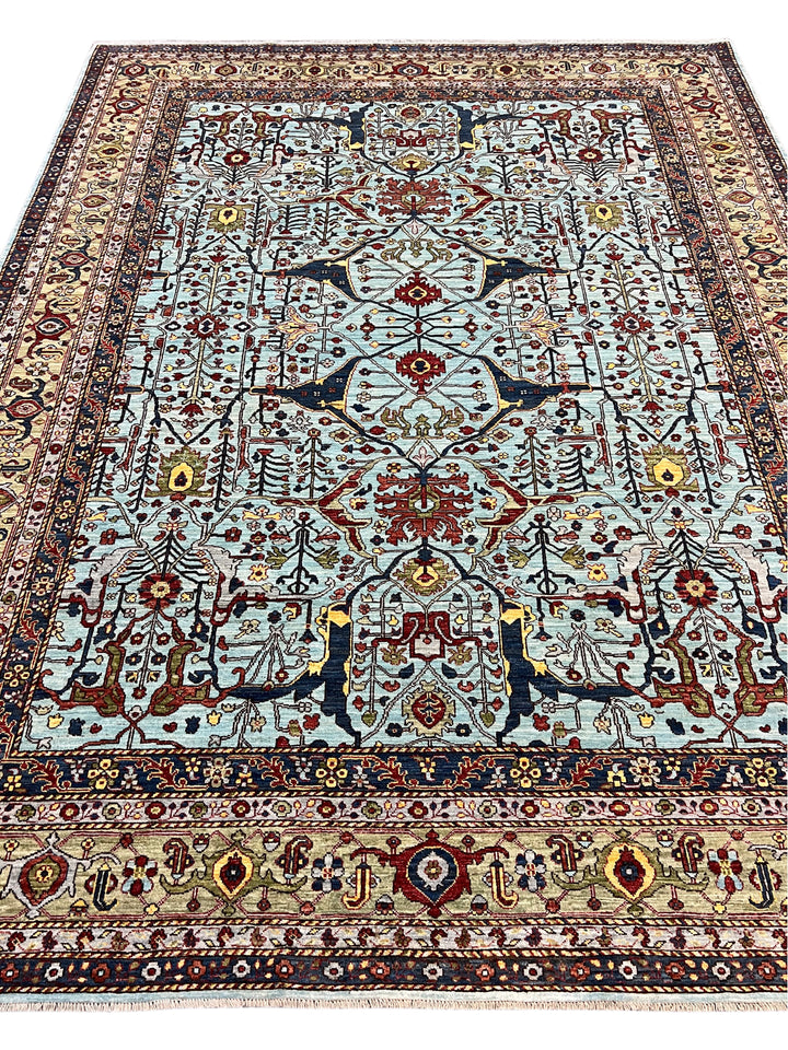 Light Blue, Olive Green &amp; Burgundy Floral Rug – 9’2” x 11’11”
