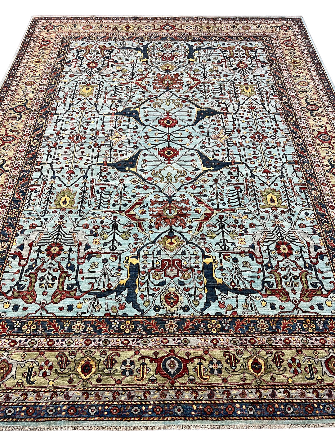 Light Blue, Olive Green &amp; Burgundy Floral Rug – 9’2” x 11’11”