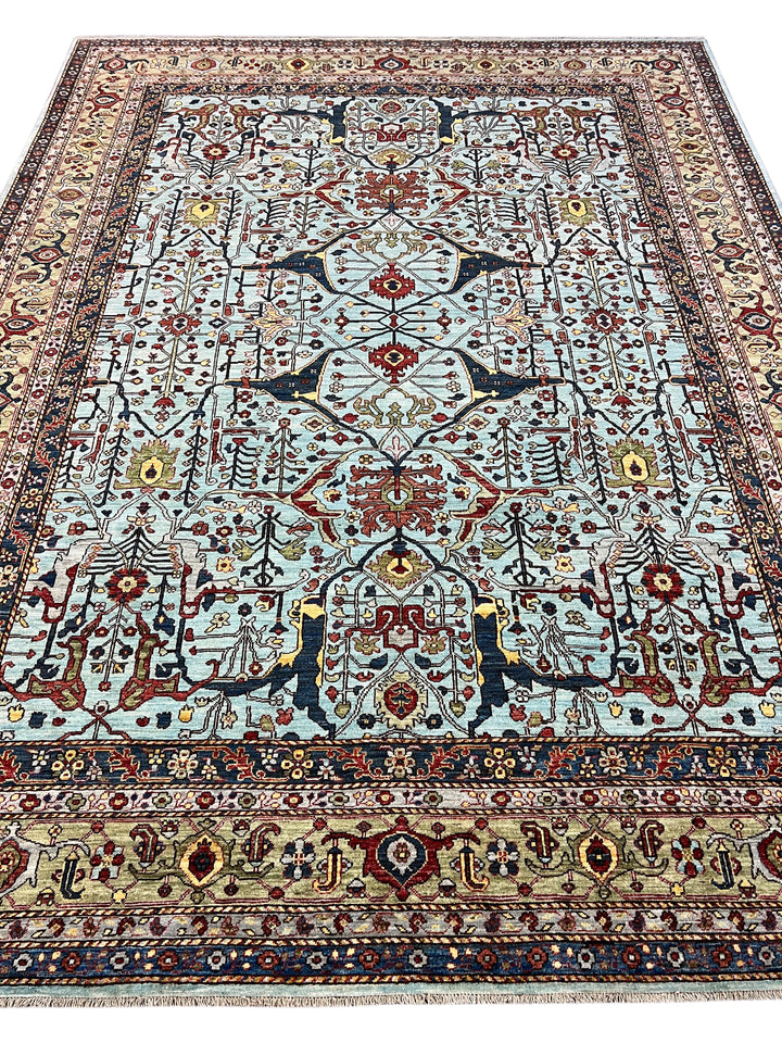 Light Blue, Olive Green &amp; Burgundy Floral Rug – 9’2” x 11’11”