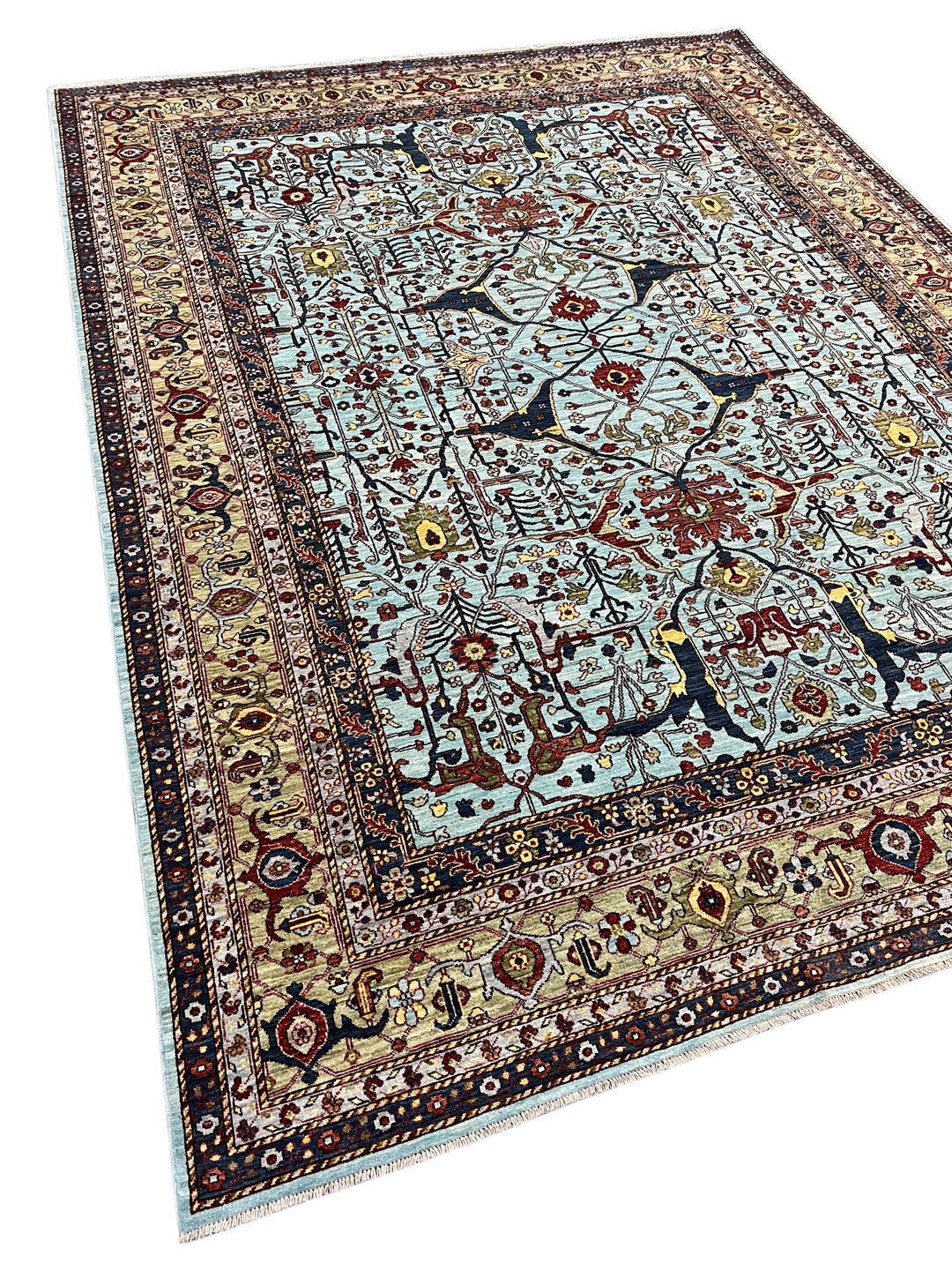 Light Blue, Olive Green &amp; Burgundy Floral Rug – 9’2” x 11’11”