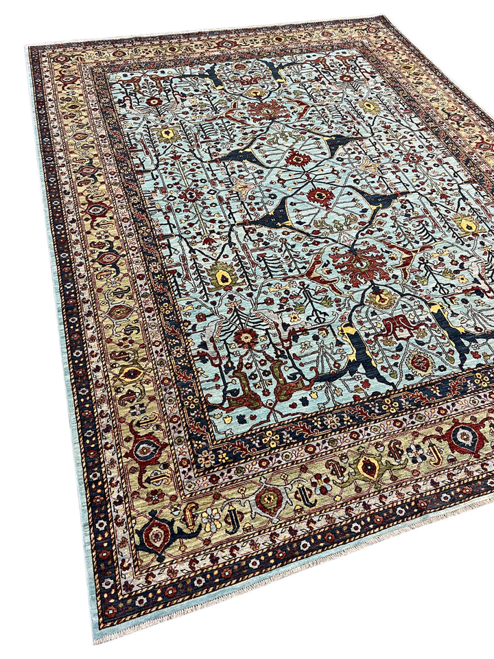 Light Blue, Olive Green &amp; Burgundy Floral Rug – 9’2” x 11’11”