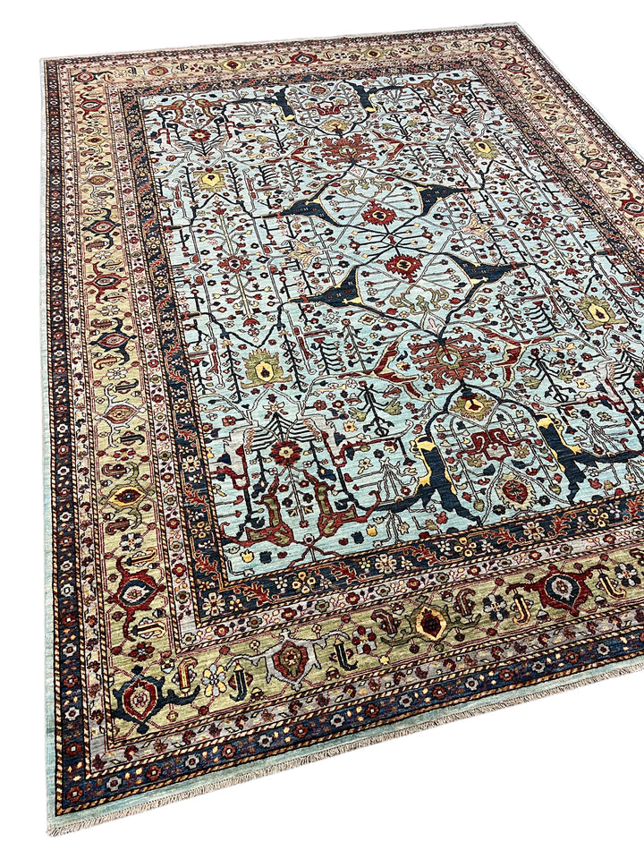 Light Blue, Olive Green &amp; Burgundy Floral Rug – 9’2” x 11’11”