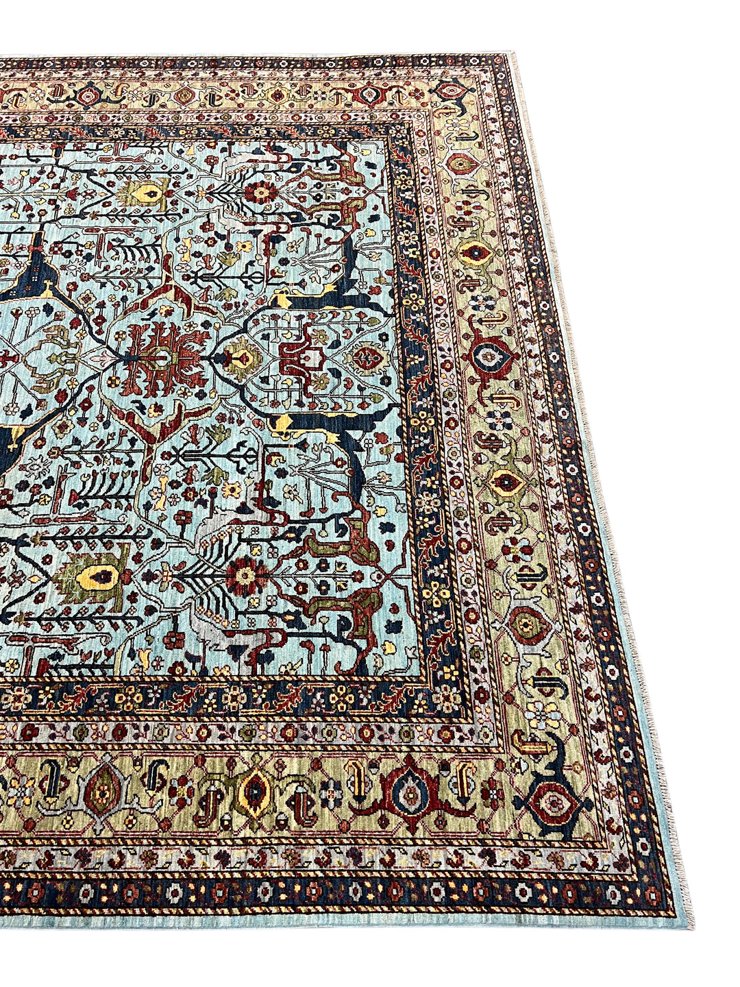 Light Blue, Olive Green &amp; Burgundy Floral Rug – 9’2” x 11’11”