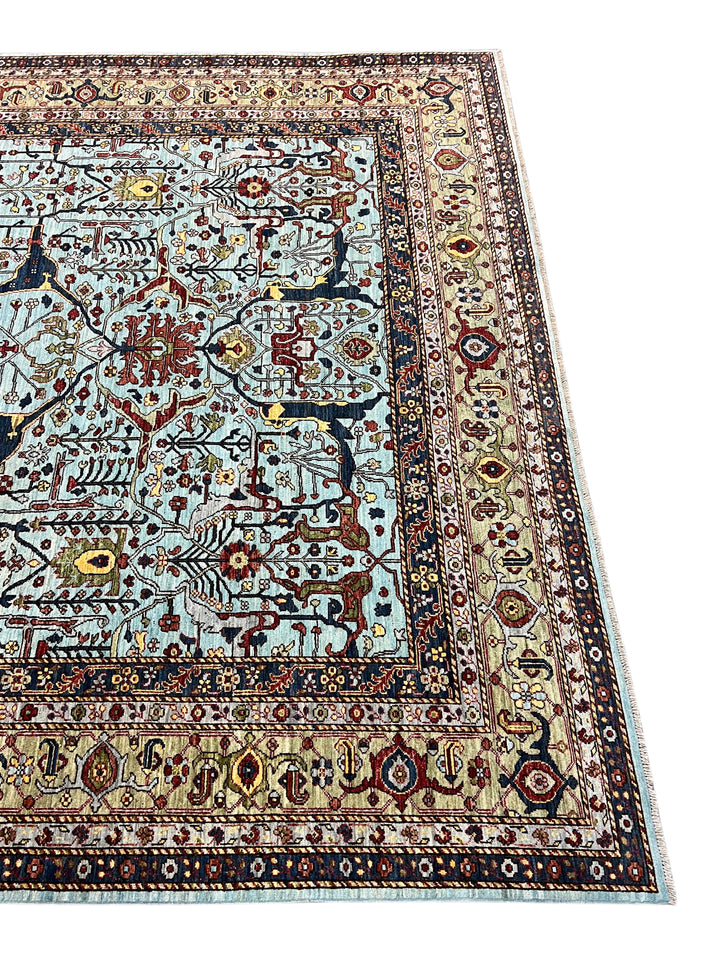 Light Blue, Olive Green &amp; Burgundy Floral Rug – 9’2” x 11’11”