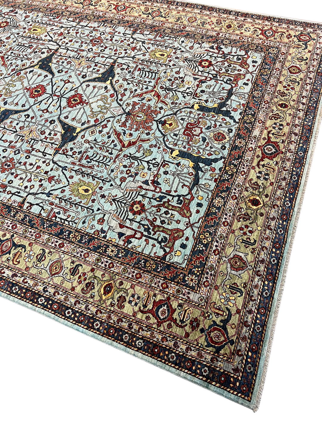 Light Blue, Olive Green &amp; Burgundy Floral Rug – 9’2” x 11’11”