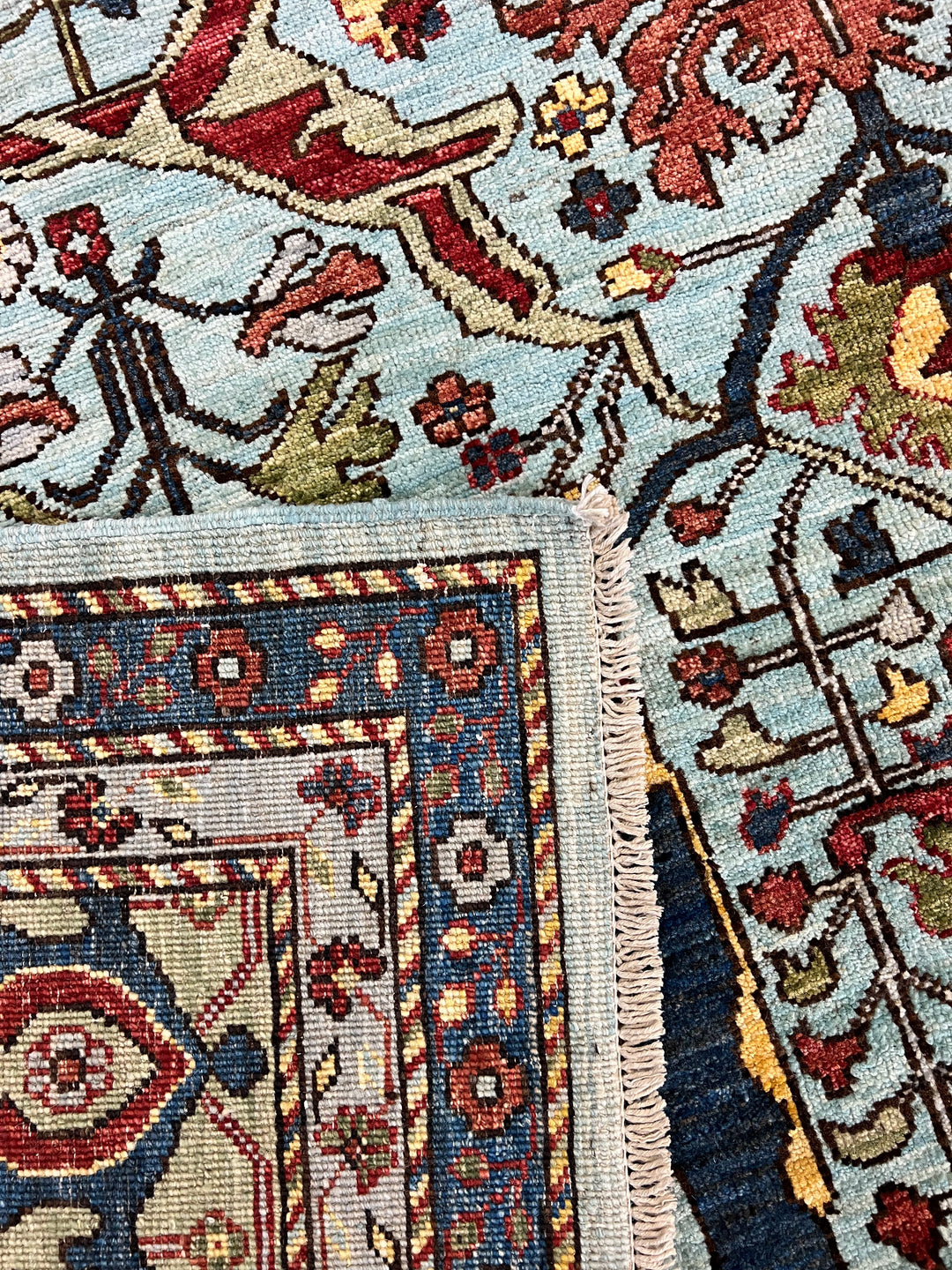 Light Blue, Olive Green &amp; Burgundy Floral Rug – 9’2” x 11’11”
