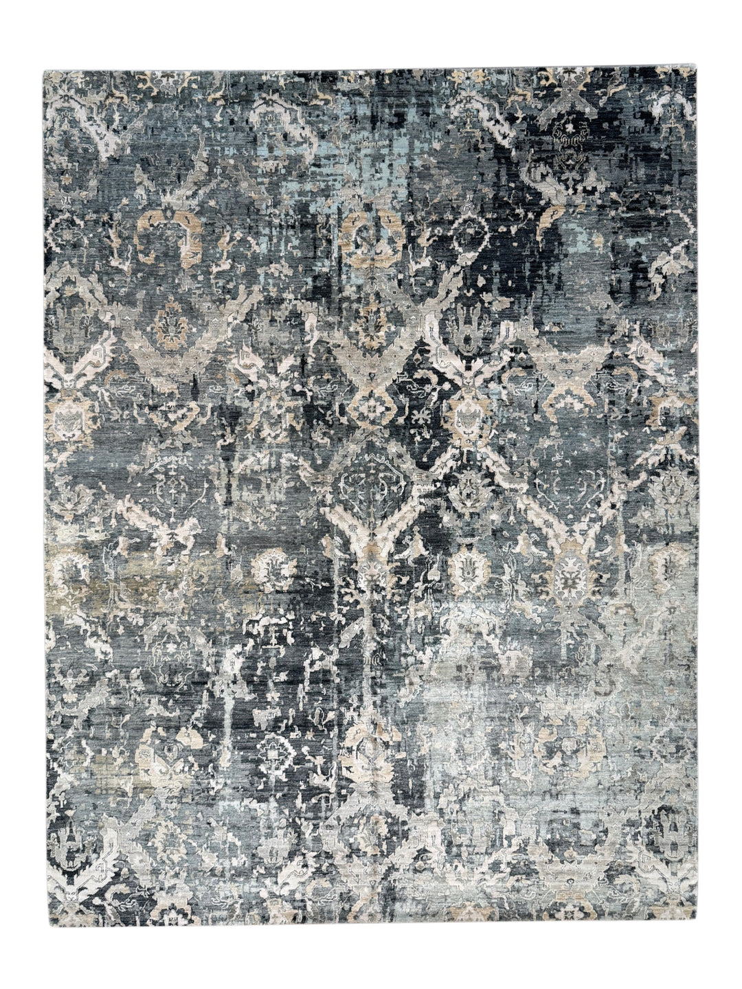 Grey &amp; Blue Abstract Distressed Rug with Ivory &amp; Peach – 8’10” x 11’7”