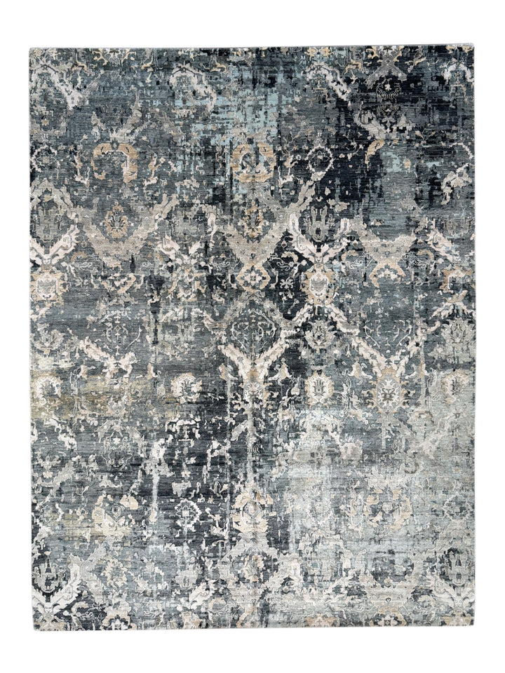Grey &amp; Blue Abstract Distressed Rug with Ivory &amp; Peach – 8’10” x 11’7”