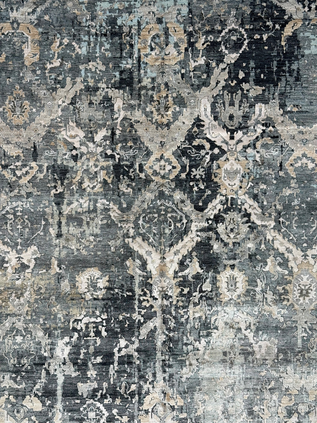 Grey &amp; Blue Abstract Distressed Rug with Ivory &amp; Peach – 8’10” x 11’7”