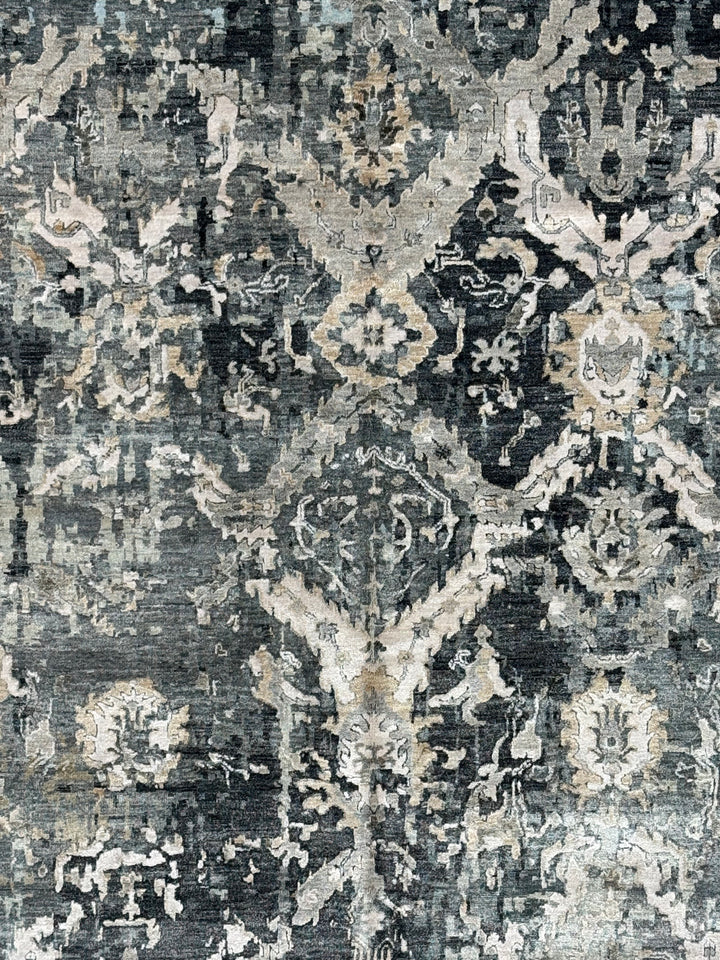 Grey &amp; Blue Abstract Distressed Rug with Ivory &amp; Peach – 8’10” x 11’7”