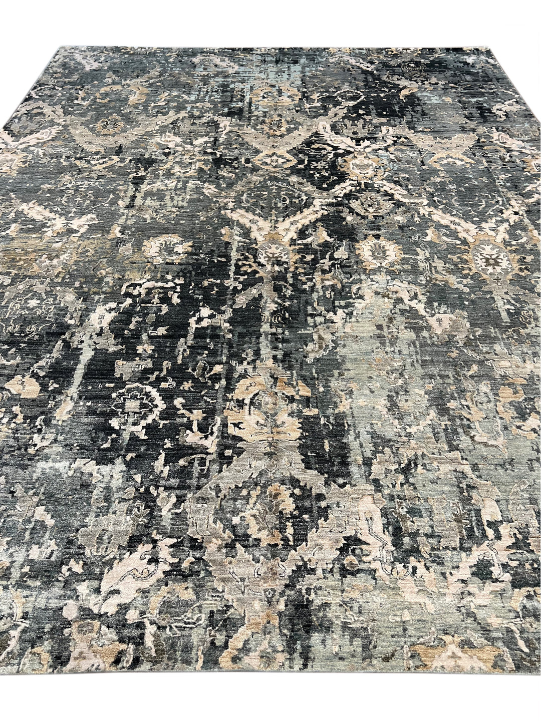 Grey &amp; Blue Abstract Distressed Rug with Ivory &amp; Peach – 8’10” x 11’7”