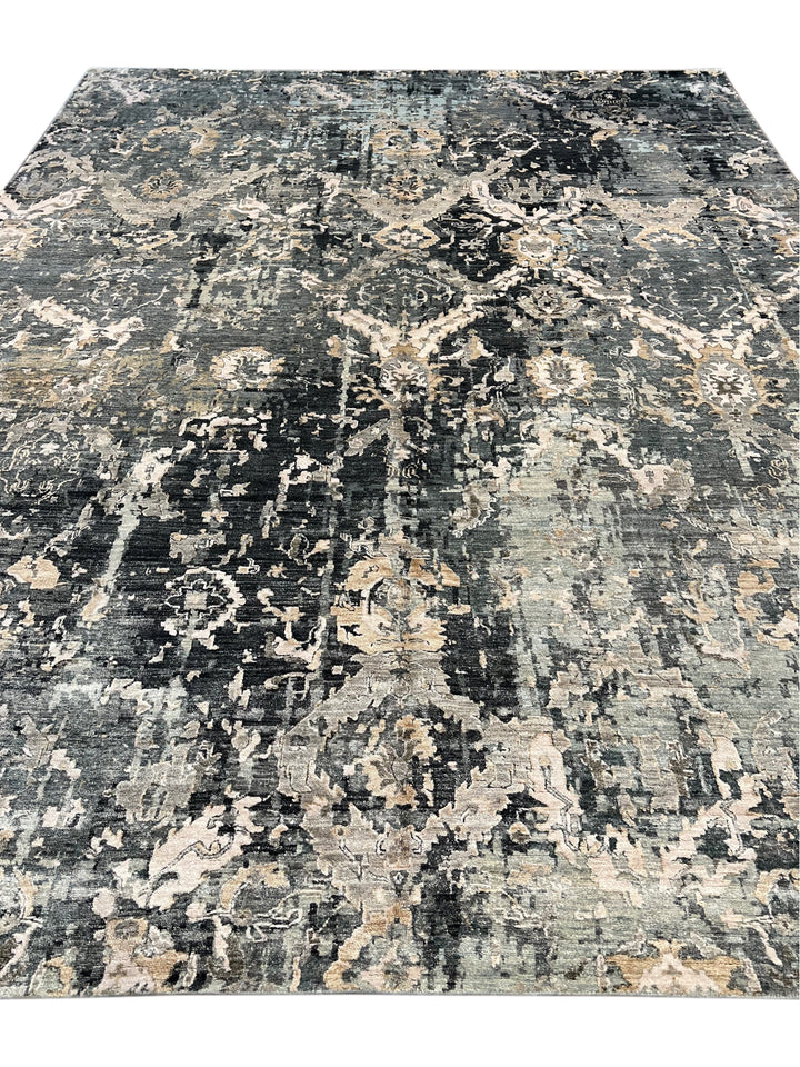 Grey &amp; Blue Abstract Distressed Rug with Ivory &amp; Peach – 8’10” x 11’7”