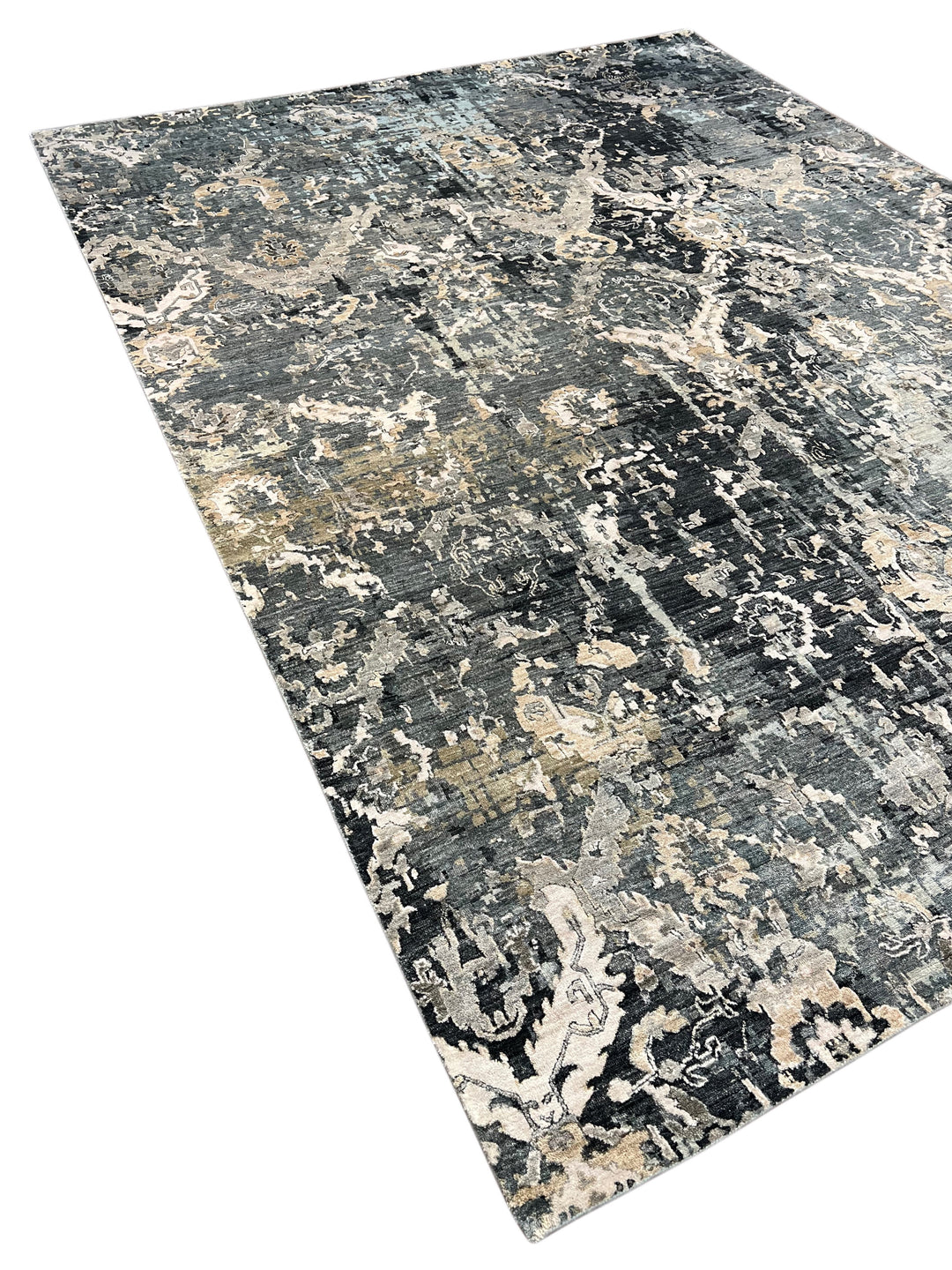 Grey &amp; Blue Abstract Distressed Rug with Ivory &amp; Peach – 8’10” x 11’7”