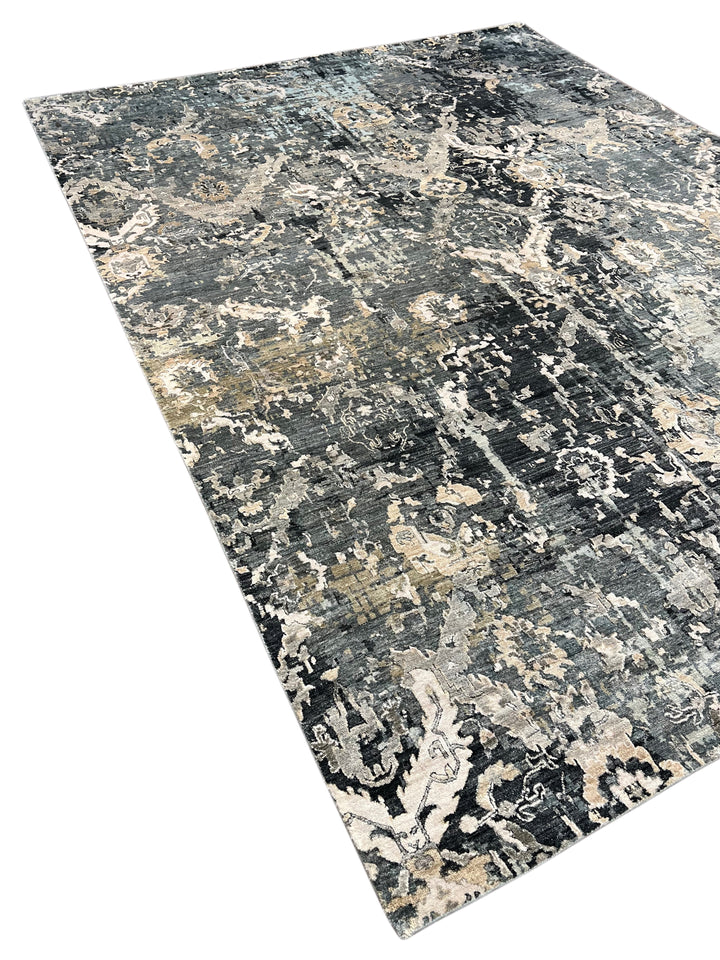 Grey &amp; Blue Abstract Distressed Rug with Ivory &amp; Peach – 8’10” x 11’7”