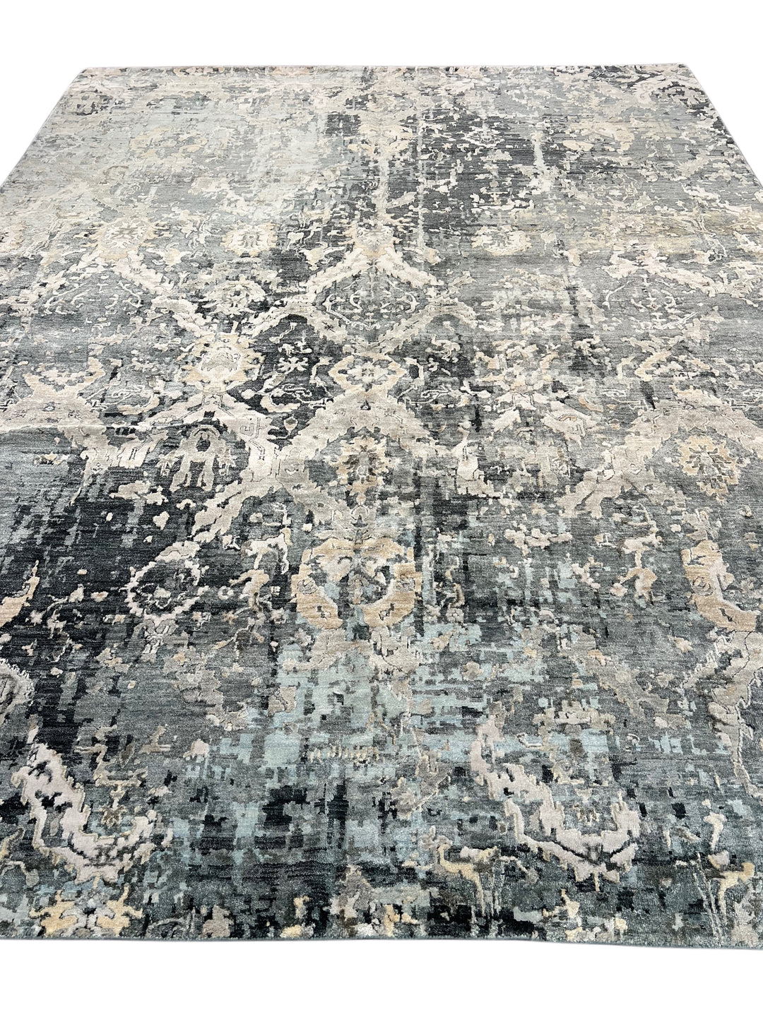 Grey &amp; Blue Abstract Distressed Rug with Ivory &amp; Peach – 8’10” x 11’7”