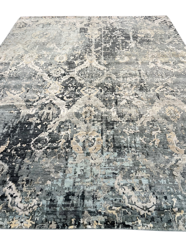 Grey &amp; Blue Abstract Distressed Rug with Ivory &amp; Peach – 8’10” x 11’7”