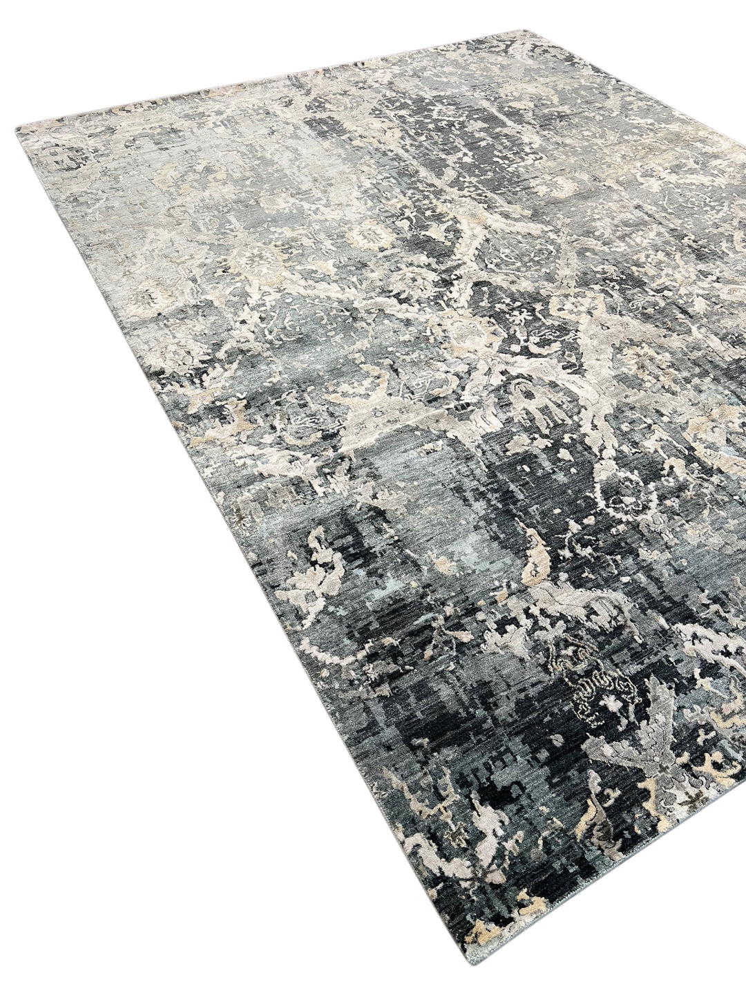 Grey &amp; Blue Abstract Distressed Rug with Ivory &amp; Peach – 8’10” x 11’7”